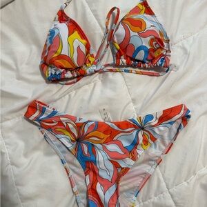 SHEIN Red Multicolor Floral Swirl Triangle Bikini
